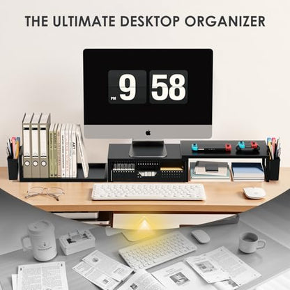 Desk Organizers and Accessories, Dual Monitor Stand Riser with Drawer and 2 Pen Holders, Desk Shelf Computer Racks for Office Workspace Organizers, Desktop Organization (Black)
