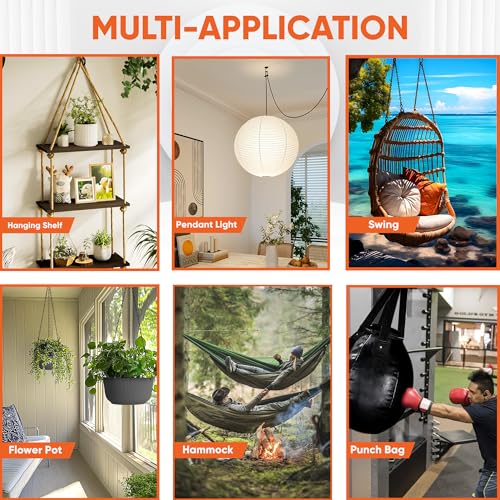 [HEAVY-DUTY] 250Lbs 5’’ M8 Q-Hanger Hook with Safety Buckle & Washer, 4Pcs | Black Windproof Screw Hooks for Hanging Plant with Expansion Tubes, Screwdriver, Hanging Outdoor String Light Christmas Patio