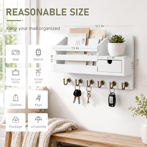 FifthQuarter Key Holder Wall Mount with Drawer and 6 Sturdy Hooks | Wooden Entryway Organizer and Decorative, Easy Installation