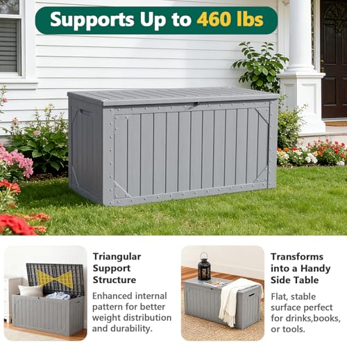 100 Gallon Outdoor Storage Box, Waterproof Resin Deck Box Organizer for Patio Cushion Storage, Lockable Outside Container for Garden Tools