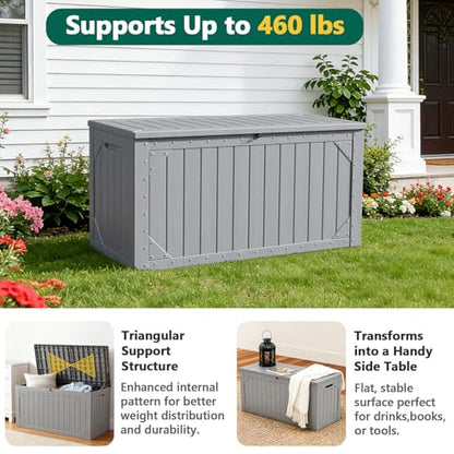 100 Gallon Outdoor Storage Box, Waterproof Resin Deck Box Organizer for Patio Cushion Storage, Lockable Outside Container for Garden Tools