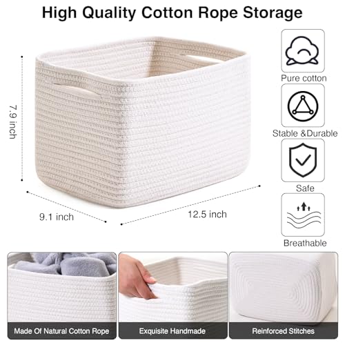 Storage Baskets for Organizing 12.5"x9.1"x7.9" (4 Packs) Off White | Storage Bin for Shelves, Woven Cotton Rope Basket with Handles for Bedroom Living Room Nursery Bathroom