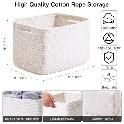 Storage Baskets for Organizing 12.5"x9.1"x7.9" (4 Packs) Off White | Storage Bin for Shelves, Woven Cotton Rope Basket with Handles for Bedroom Living Room Nursery Bathroom