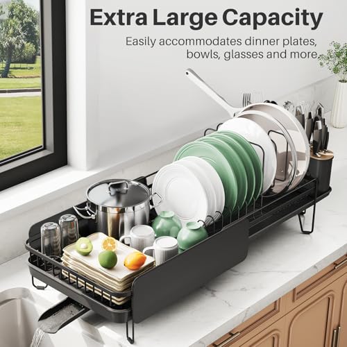 Large Expandable Dish Drying Rack for Kitchen Counter, 19.3-29.4 in, Black | Family Size Capacity, Adjustable Dividers for Pan, Lid & Cutting Board, Stainless Steel, Rotating Spout, Utensil Holder