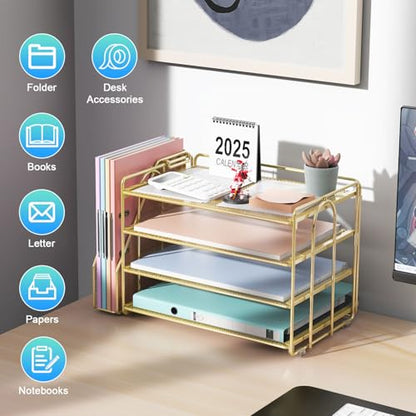 gianotter 4-Tier Paper Organizer With Magazine Holder | Desk Organizers and Accessories, File Organizer for Office Supplies Storag (Gold, 4-Tier)