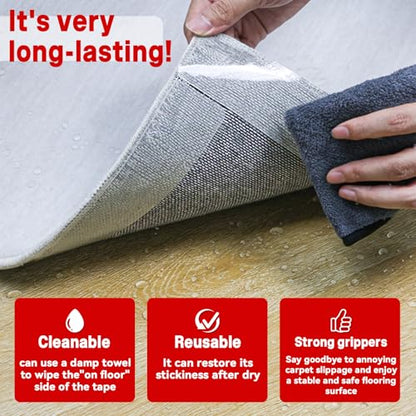 Rug Non Slip Grippers, 16Pcs Carpet Tape Reusable, No Residue | Keep Carpet Corners Flat on Hardwood Floors, Strong Hold Rug Stickers