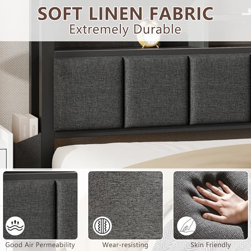 Queen Size Bed Frame with Headboard, Drawers, Charging Station