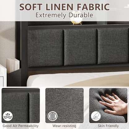 Queen Size Bed Frame with Headboard, Drawers, Charging Station