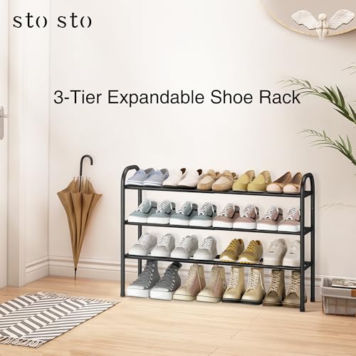 STO STO Expandable Shoe Rack, 3-Tier Metal Small Shoe Rack for Closet, Up to 16 Pairs Adjustable Shoes Racks Storage for Front Door Entrance, Free Standing Shoes Rack Organizer for Entryway, Black