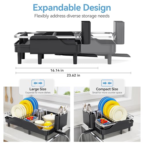 Urackify Expandable Dish Drying Rack for Kitchen Counter,16.2-23.7in,Black | Adjustable Capacity, Countertop-Stay-Dry Drainboard, Heavy-Duty Steel, Stable Plate Rack, Spave Saving for Apartment,RV,Dorms