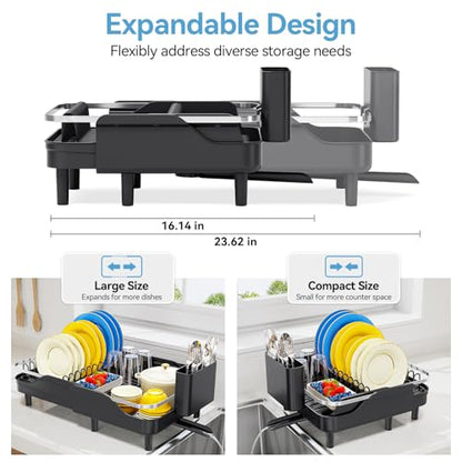 Urackify Expandable Dish Drying Rack for Kitchen Counter,16.2-23.7in,Black | Adjustable Capacity, Countertop-Stay-Dry Drainboard, Heavy-Duty Steel, Stable Plate Rack, Spave Saving for Apartment,RV,Dorms
