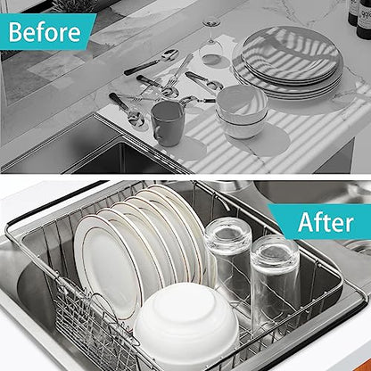 Sink Dish Drainer Rack, Expandable Stainless Steel Dish Drying Rack | 304 Stainless Steel Sink Rack with Utensil Holder, Adjustable 14.96"-20.59", Fits Inside Sink, Holds Up to 7 Upright Utensils