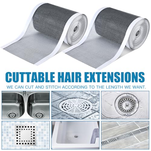 2 Pack 4 Inch x 33 ft Linear Shower Drain Hair Catcher Screen Disposable Adhesive Cutable Mesh Shower Drain Cover Stickers for Linear DIY Floor with Removal Tool for Bathroom Kitchen Bathtub