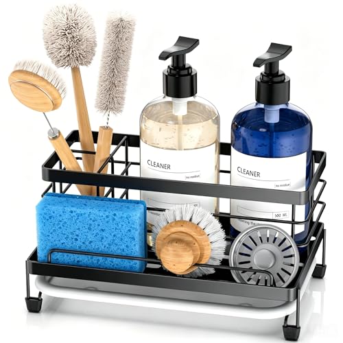 Cisily Sponge Holder for Kitchen, Sink Caddy Organizer, Kitchen Sink Accessories with Drip Tray, Rustproof and Non-slip Kitchen Sink Sponge Holder (Black)
