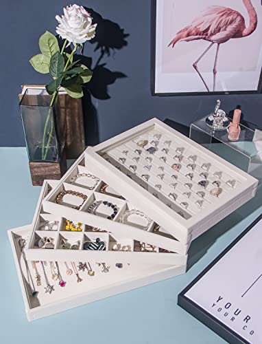 Coward Set of 5 Stackable Jewelry Organizer Tray Necklace Earring Box Storage Ring Bracelet Display Holder (beige(ring+necklace+12girds+24girds+The glass lid))