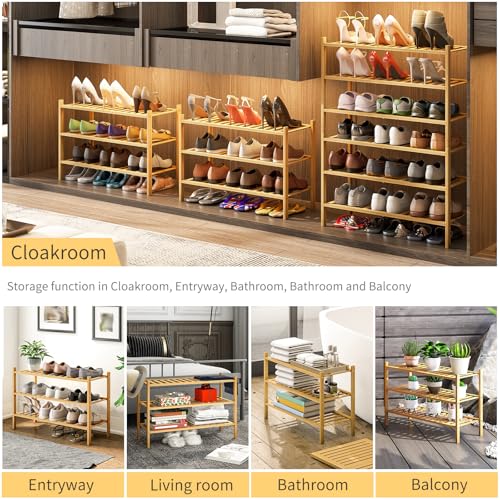 3-Tier Bamboo Shoe Rack for Entryway, Stackable | Heavy Duty | Multi-Function, Free Standing Shoe Racks for Bedroom Hallway Closet