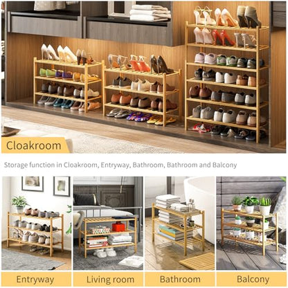 3-Tier Bamboo Shoe Rack for Entryway, Stackable | Heavy Duty | Multi-Function, Free Standing Shoe Racks for Bedroom Hallway Closet