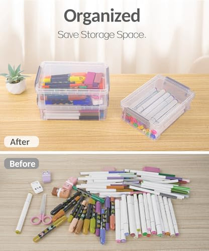 Sooez 6 Pack Extra Large Pencil Box, Plastic Pencil Case Crayon Box | Clear Marker Organizer Plastic Containers with Lid, Stackable Storage Boxes for Art Craft,Back to School Supplies, Grey