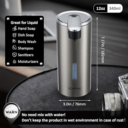 Automatic Soap Dispenser, Automatic Liquid Soap Dispenser Touchless, 12oz/340ml, 3-Level Adjustable, Battery Operated, Water-Resistant for Bathroom, Kitchen and School, Clog-Free, Stainless Steel