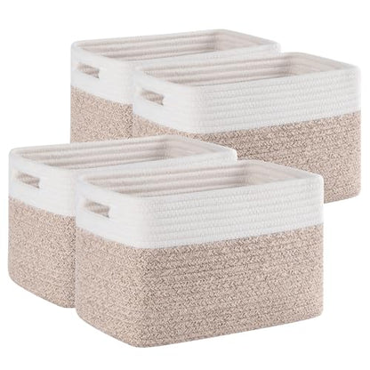 4 Pack Storage Baskets for Organizing, Woven Baskets for Shelves - Perfect for Toys, Books, Towels, and Clothes, Durable Gift Basket Bins Toy Storage, 12.7''Lx9''Wx7.8''H, Brown & White