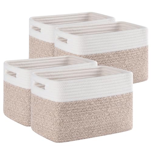 4 Pack Storage Baskets for Organizing, Woven Baskets for Shelves - Perfect for Toys, Books, Towels, and Clothes, Durable Gift Basket Bins Toy Storage, 12.7''Lx9''Wx7.8''H, Brown & White