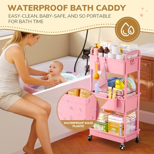 Diaper Cart with Lockable Wheels and Easy Assembly, 3 Tier Pink | Rolling Cart for Baby Nursery Storage, Sturdy Ample Diaper Caddy Organizer for Baby Girl, Boy, New Mom, Newborn Essentials