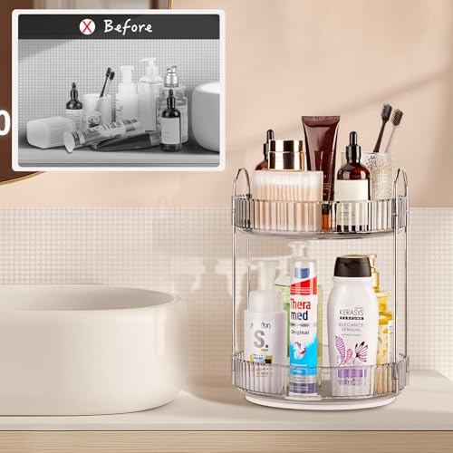 360 Rotating Makeup Organizer, 2 Tier Lazy Susan Bathroom Counter Organizer, Skincare Organizers, Spinning Perfume Organizer & Vanity Organizer Countertop (Classic Grey, 2 Tier)