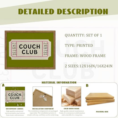 Vintage Framed Wall Art, Couch Club Ticket Canvas Wall Decor Painting, Retro Green Minimalist Quote Poster Print Picture for Living Room Bathroom Home Decor 12x16 Inch