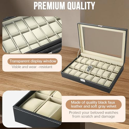24 Slots Watch Box, Watch Display Organizer for Men Women | Loackable with Keys, Visible Glass Top, PU Leather Display Storage Collection, Watch Case with Removable Pillows, Modern