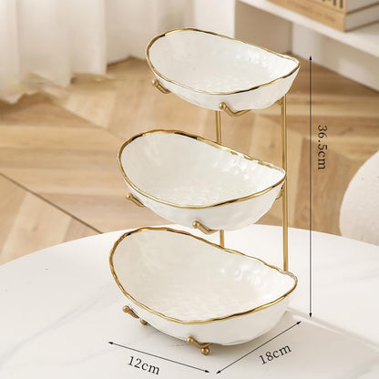 White Fruit Bowl with Gold Metal Stand, 3 Tier Modern Ceramic Fruit Bowl Fruit Rack for Kitchen Counter, Tiered Fruit Basket for Snacks Bread Candy Storage (White,3 Tier)