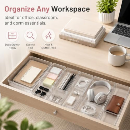 Drawer Organizer, 10 Pack Large Clear Plastic Organizer Bins 5 Sizes, Versatile Bathroom Drawer Trays, Heavy Duty Non‑Slip Drawer Dividers for Makeup, Office & Kitchen Utensils