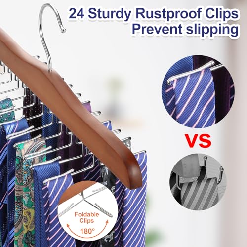TOPIA HANGER Tie Rack Hanger for Closet 2 Packs, Wooden Tie Organizer for Men with 24 Folding Hooks, Space Saving Necktie Holder for Storage and Display Bra, Tank Top, Camisole (Walnut)-CT14WA-2