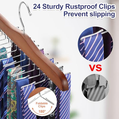 TOPIA HANGER Tie Rack Hanger for Closet 2 Packs, Wooden Tie Organizer for Men with 24 Folding Hooks, Space Saving Necktie Holder for Storage and Display Bra, Tank Top, Camisole (Walnut)-CT14WA-2