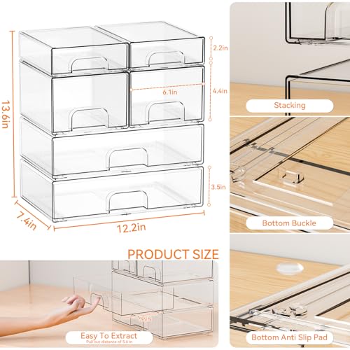Clear Stackable Storage Drawers - Set of 6 - Acrylic Drawers,Bathroom Organizer Bin and Plastic Makeup Organizer,Clear Stacking Brightroom Storage Boxes for Vanity,Cabinet,Pantry Organization
