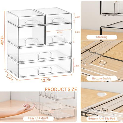 Clear Stackable Storage Drawers - Set of 6 - Acrylic Drawers,Bathroom Organizer Bin and Plastic Makeup Organizer,Clear Stacking Brightroom Storage Boxes for Vanity,Cabinet,Pantry Organization