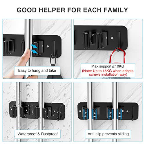 homeasy Wall Mount Mop and Broom Holder, Heavy Duty Stainless Steel Organizer Rack with Hooks | 2-Pack, 2-in-1 No Drill & Screw Installation, Black