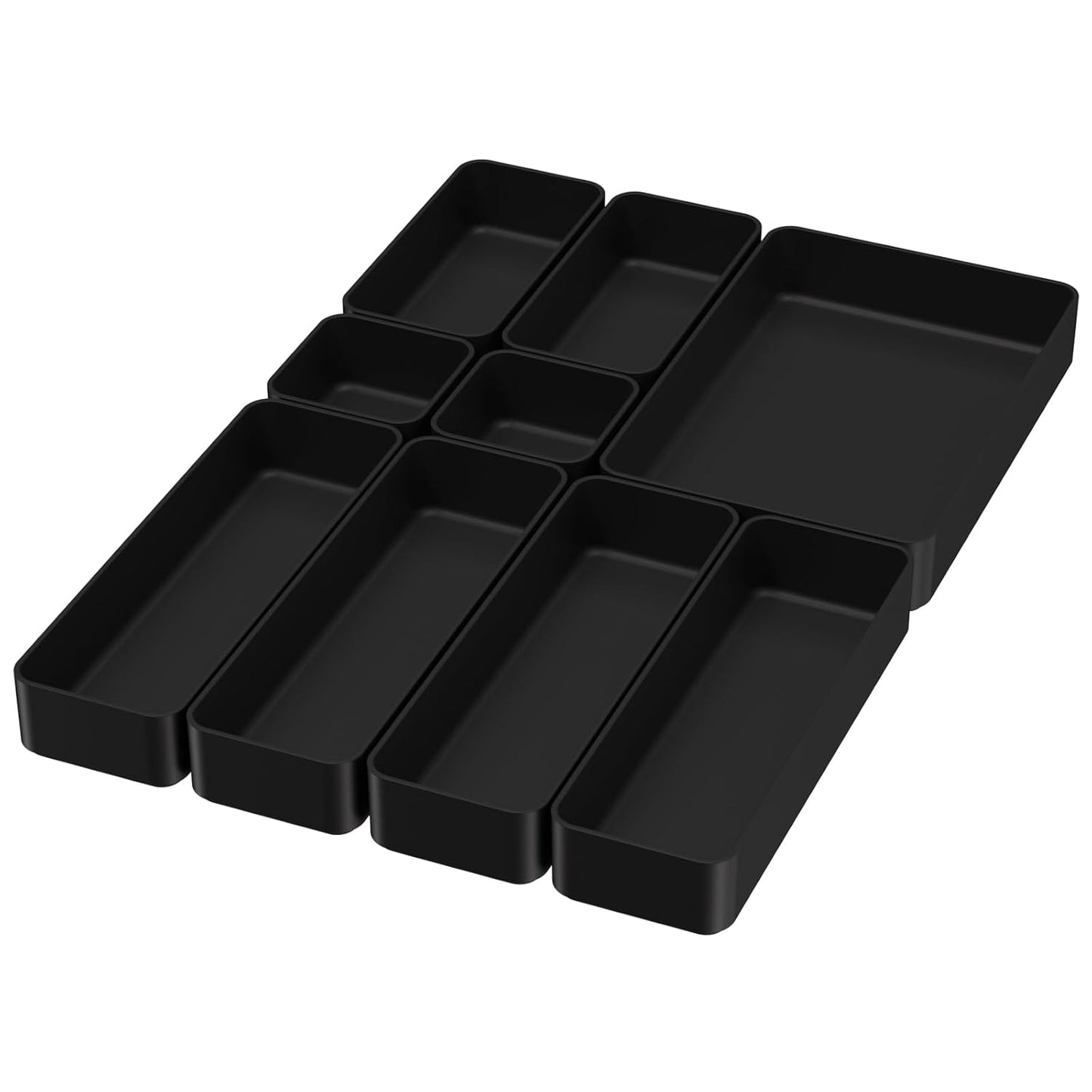 Black Bathroom Drawer Organizer Trays: 9 PC Stackable Desk Organizers Bin | vanity office kitchen modern shallow containers modular storage