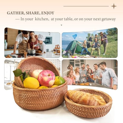 9.2" Medium Rattan Wicker Bread Basket, Fruit Basket for Kitchen Counter | Sturdy Well-Made Handwoven Bread Baskets for Serving, Natural Food Baskets, Versatile for Fruits, Snacks, Keys & More (Round)