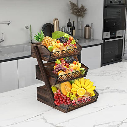 Dorhors Fruit Basket for Kitchen Counter Organizer,Fruit Bowl Stand Storage | 3 tier Rustic Brown Vegetable Holder,Wood Bread Display Rack,Kitchen Countertop Organizer Shelf for Snack,Onion,Banana,Potato