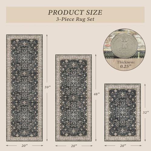 Black Boho Kitchen Rugs Set of 3, Non-Slip Machine Washable Kitchen Floor Mats, Low-Pile Runner Rug for Sink, Entryway, Bathroom, Laundry Room, Bedroom, Vintage Farmhouse Design