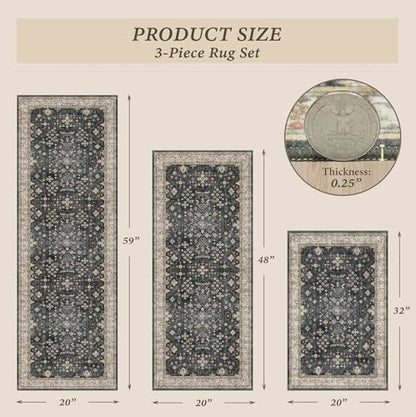 Black Boho Kitchen Rugs Set of 3, Non-Slip Machine Washable Kitchen Floor Mats, Low-Pile Runner Rug for Sink, Entryway, Bathroom, Laundry Room, Bedroom, Vintage Farmhouse Design