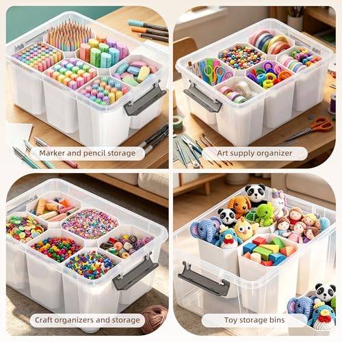 Citylife 17QT Craft Organizers and Storage bins with Lids, Marker Organizer | Clear Plastic, Art Supply Organizer for Markers, Crayons and Crafts, 6 Detachable Inserts, Versatile Stackable, No Assembly