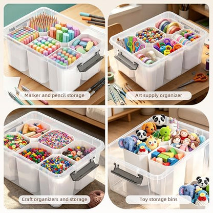 Citylife 17QT Craft Organizers and Storage bins with Lids, Marker Organizer | Clear Plastic, Art Supply Organizer for Markers, Crayons and Crafts, 6 Detachable Inserts, Versatile Stackable, No Assembly