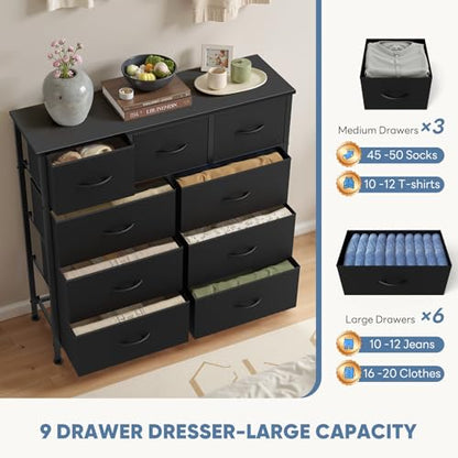 DUMOS 9 Drawer Dresser for Bedroom, Chest of Drawers | Fabric Storage Organizer, Sturdy Metal Frame Wooden Top, Closet Entryway Guest Room, Matte Black