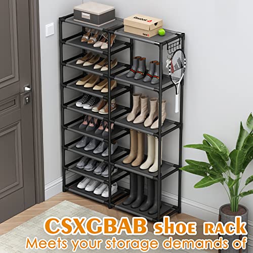 CSXGBAB Tall Garage Shoe Rack Large Capacity,Two Rows Versatile Hooks Storage Boot Shelf Black 24-35 Pairs