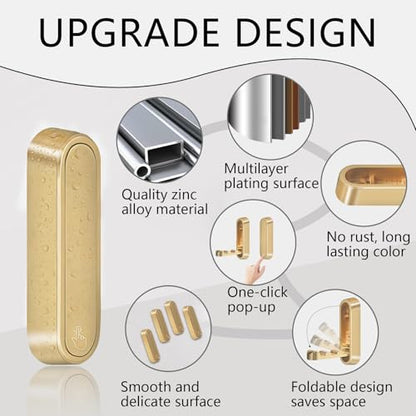 4PCS Foldable Wall Hooks, Heavy Duty Zinc Alloy Flip-Down Coat Hooks with Screw Mount, Holds up to 44 Lbs, Space-Saving Folding Wall Hangers for Bathroom, Closet, Bedroom, Entryway (Gold)