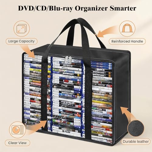 DVD Storage Bags 2 Pack, Clear Media Organizer Holds 140 DVDs&& Blu ray && Video Game, Plastic Holder with Reinforced Handles for Quilt, Pillow & Clothing