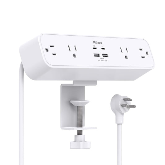 Mifaso PD30W Desk Clamp Power Strip, Surge Protector, Fast Charging Station | 4 Outlets, 4 USB (2 USB C), 5FT Extension Cord, Desk Organizer Gaming Accessories Office Essentials, Fits 1.96" Tabletop Edge