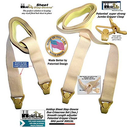 Holdup Crisscross Fitted Sheet Strap Stay-Downs Patented Gripper Clasps | Holdup Crisscross fitted sheet strap stay-downs with USA patented gripper clasps. Secure hold keeps sheets firmly in place.