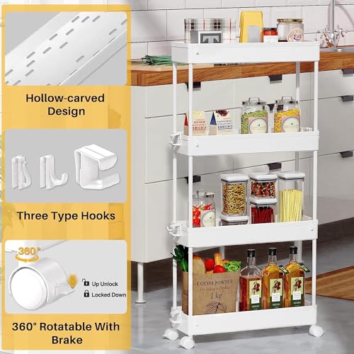 SPACEKEEPER Slim Rolling Storage Cart, 4 Tier Bathroom Cart Organizer,White | Narrow Rolling Cart with Wheels for Kitchen Office Bathroom Laundry Room,Mobile Utility Cart for Craft Art Makeup Nail Polish